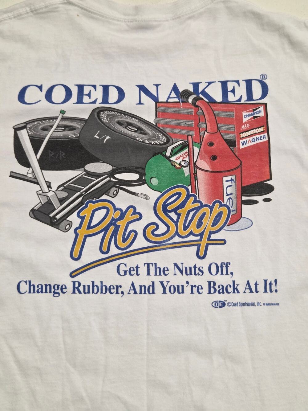 Vintage 90s Coed Naked Auto Racing Pit Stop T Shirt XL Racing NASCAR Graphic